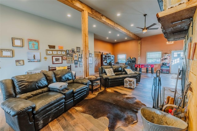 7 Papson Ridge Ln, Hall, MT 59837 - living room featuring ceiling fan, wood finished floors, and recessed lighting