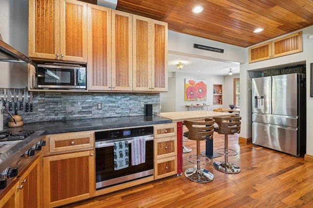 314 9th Ave W, Kalispell, MT 59901 - kitchen featuring stainless steel appliances, wood ceiling, dark countertops, backsplash, and recessed lighting