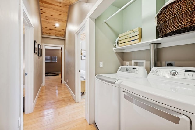 314 9th Ave W, Kalispell, MT 59901 - washroom featuring washer and dryer, light wood-style floors, wood ceiling, and recessed lighting