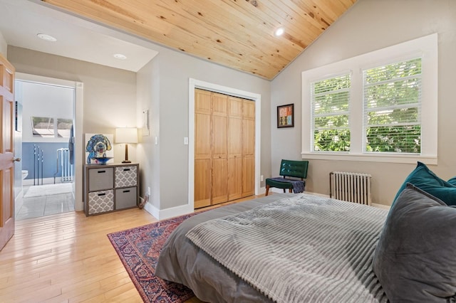 314 9th Ave W, Kalispell, MT 59901 - bedroom featuring radiator heating unit, light wood-type flooring, lofted ceiling, recessed lighting, and wooden ceiling
