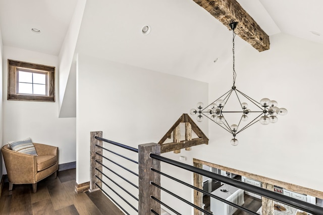 99 Little Belt Way, Belt, MT 59412 - stairway with a chandelier, vaulted ceiling, wood finished floors, baseboards, and recessed lighting
