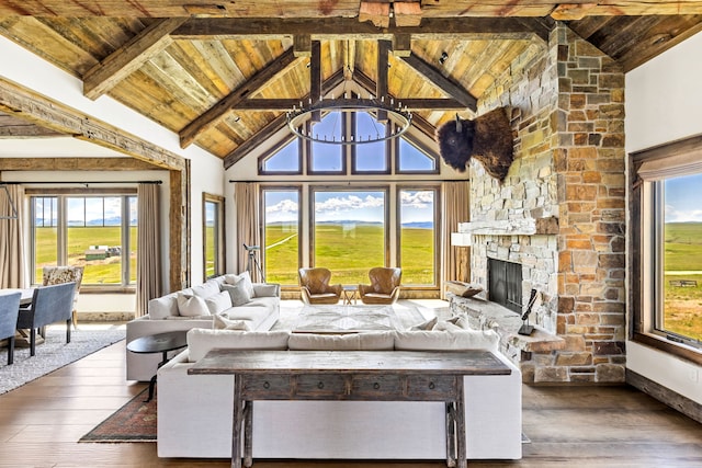 99 Little Belt Way, Belt, MT 59412 - living room featuring wooden ceiling with exposed beams, a chandelier, hardwood / wood-style floors, a stone fireplace, and high vaulted ceiling