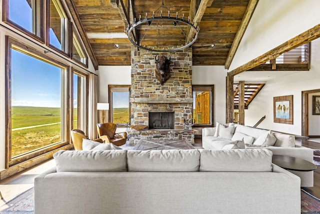 99 Little Belt Way, Belt, MT 59412 - living area featuring wood ceiling with exposed beams, high vaulted ceiling, a fireplace, and wood finished floors