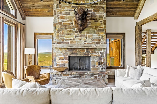 99 Little Belt Way, Belt, MT 59412 - living area with wooden ceiling, wood finished floors, and a stone fireplace