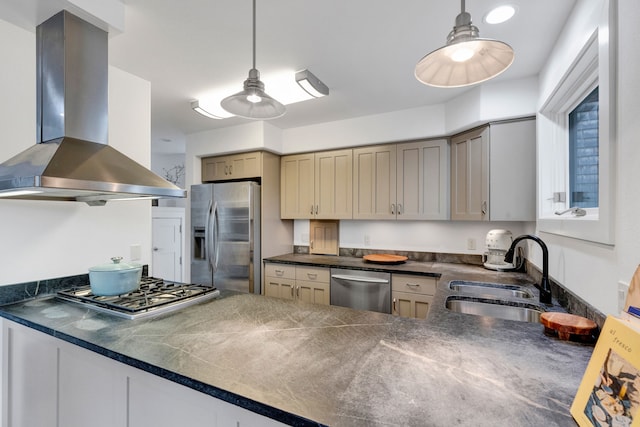 33535 Cherry Ln, Bigfork, MT 59911 - kitchen with island range hood, stainless steel appliances, a sink, dark countertops, and ceiling fan