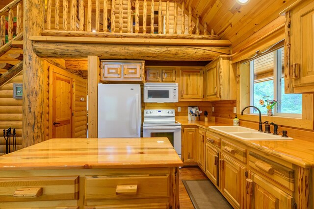 288 Trout Dr, Rexford, MT 59930 - kitchen with white appliances, wooden counters, log walls, a center island, and wood ceiling