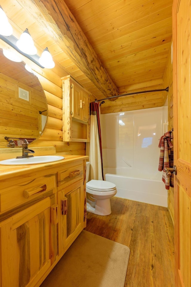 288 Trout Dr, Rexford, MT 59930 - full bath featuring wood finished floors, vanity, shower / bath combo with shower curtain, rustic walls, and wood ceiling