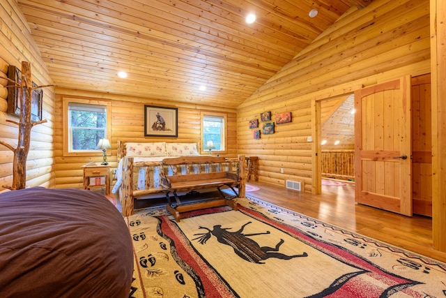 288 Trout Dr, Rexford, MT 59930 - bedroom featuring log walls, wood ceiling, wood finished floors, lofted ceiling, and recessed lighting