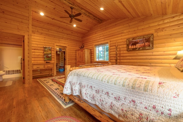 288 Trout Dr, Rexford, MT 59930 - bedroom with wooden ceiling, lofted ceiling, wood finished floors, recessed lighting, and rustic walls