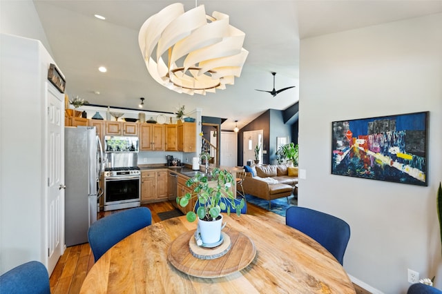 3197 Rose St, Bozeman, MT 59718 - dining space with light wood-style flooring, a ceiling fan, recessed lighting, and lofted ceiling
