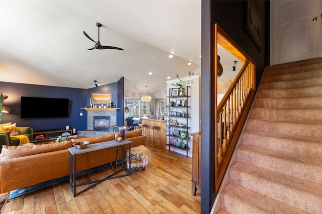 3197 Rose St, Bozeman, MT 59718 - living area featuring light wood-style flooring, stairway, ceiling fan, recessed lighting, and a fireplace