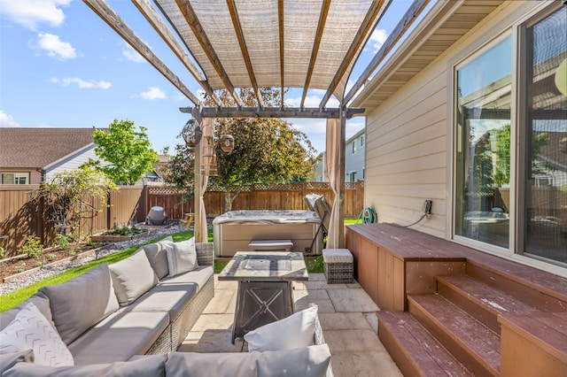 3197 Rose St, Bozeman, MT 59718 - fenced backyard with a hot tub, an outdoor living space, a patio, and a pergola