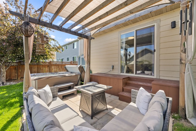3197 Rose St, Bozeman, MT 59718 - view of patio featuring a hot tub, outdoor lounge area, and a pergola