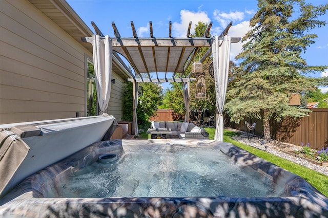 3197 Rose St, Bozeman, MT 59718 - fenced backyard with a hot tub, an outdoor living space, and a pergola