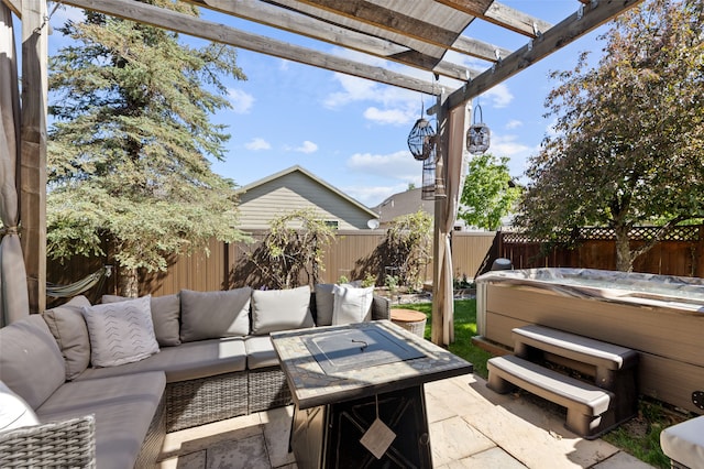 3197 Rose St, Bozeman, MT 59718 - fenced backyard featuring a hot tub, outdoor lounge area, a patio, and a pergola