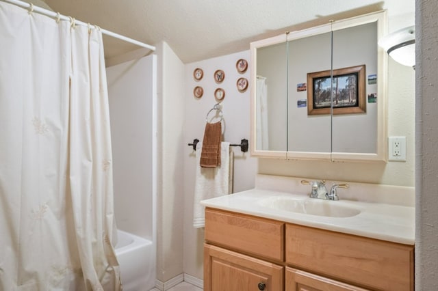 142 Thomas St, Hamilton, MT 59840 - bathroom with vanity, shower / tub combo with curtain, and a textured ceiling