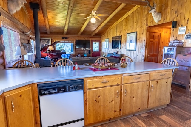 347 Upper Ross Gulch Rd, Townsend, MT 59644 - kitchen featuring dishwasher, dark wood finished floors, light countertops, open floor plan, and wood ceiling