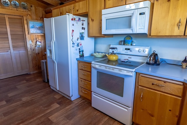 347 Upper Ross Gulch Rd, Townsend, MT 59644 - kitchen featuring white appliances, dark wood-style floors, light countertops, and brown cabinetry