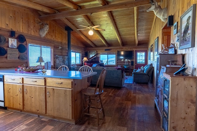 347 Upper Ross Gulch Rd, Townsend, MT 59644 - kitchen featuring wood ceiling, a wood stove, healthy amount of natural light, dark wood-style flooring, and wood walls