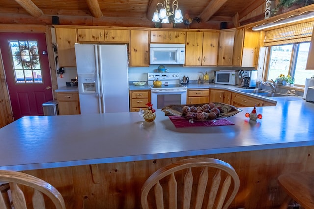 347 Upper Ross Gulch Rd, Townsend, MT 59644 - kitchen featuring white appliances, a chandelier, a wooden ceiling with exposed beams, light countertops, and a peninsula