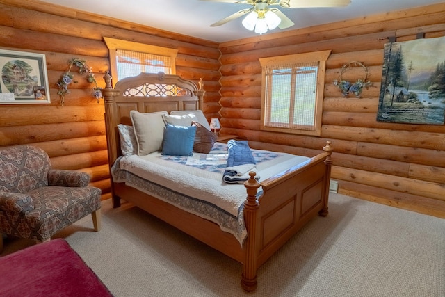 347 Upper Ross Gulch Rd, Townsend, MT 59644 - bedroom featuring light colored carpet, rustic walls, and a ceiling fan