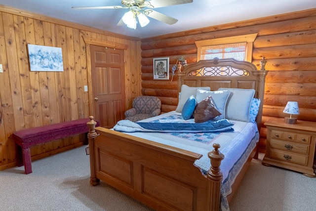 347 Upper Ross Gulch Rd, Townsend, MT 59644 - bedroom with light carpet, log walls, and a ceiling fan