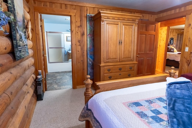 347 Upper Ross Gulch Rd, Townsend, MT 59644 - bedroom featuring carpet floors and wood walls