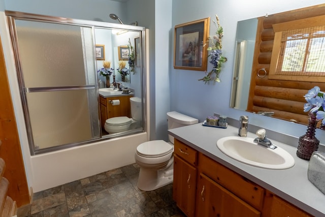 347 Upper Ross Gulch Rd, Townsend, MT 59644 - full bath with log walls, stone finish floors, vanity, and combined bath / shower with glass door