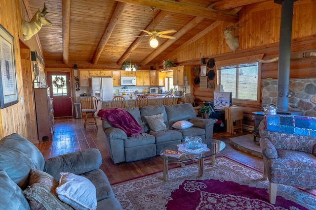 347 Upper Ross Gulch Rd, Townsend, MT 59644 - living area with hardwood / wood-style flooring, a wood stove, wood ceiling, ceiling fan, and wooden walls