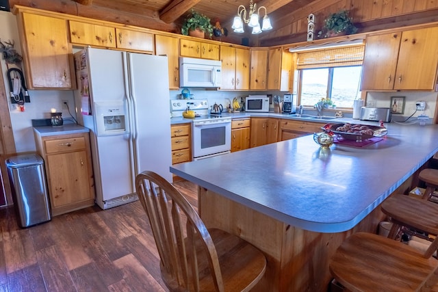 347 Upper Ross Gulch Rd, Townsend, MT 59644 - kitchen featuring white appliances, a peninsula, dark wood-style floors, a wood ceiling with exposed beams, and a chandelier