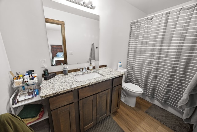 108 Timmons St, Dillon, MT 59725 - bathroom featuring wood finished floors, toilet, vanity, and curtained shower