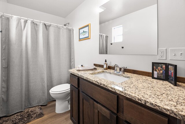 108 Timmons St, Dillon, MT 59725 - full bathroom featuring toilet, vanity, wood finished floors, and a shower with shower curtain