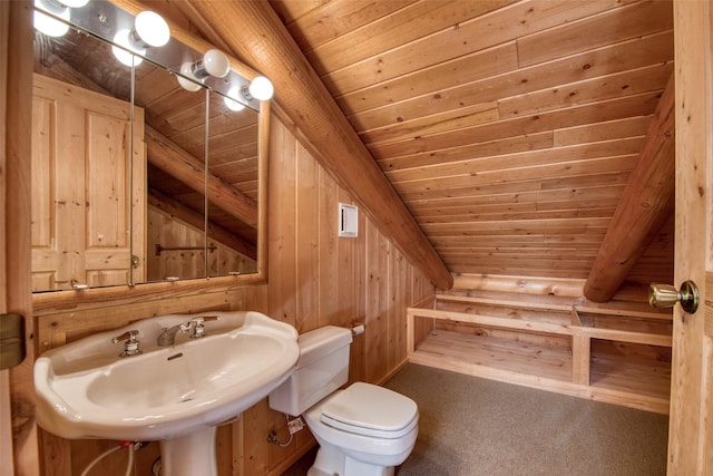 1795 E Fork Rd, Sula, MT 59871 - bathroom with wooden ceiling, a sink, toilet, vaulted ceiling, and wooden walls