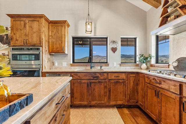 144 Prickly Pear Ct, Florence, MT 59833 - kitchen with stainless steel appliances, wall chimney exhaust hood, hanging light fixtures, brown cabinets, and light wood finished floors