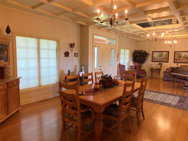 50-60 Willow Bend Ln, Cascade, MT 59421 - dining space with a chandelier, coffered ceiling, light wood-type flooring, and beam ceiling