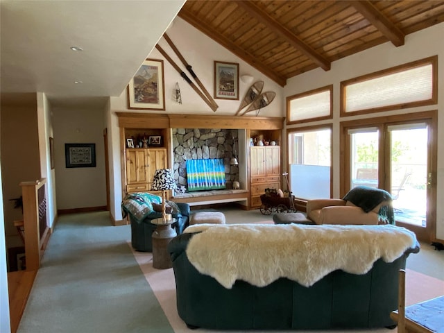 50-60 Willow Bend Ln, Cascade, MT 59421 - living area featuring light carpet, wooden ceiling, and a fireplace