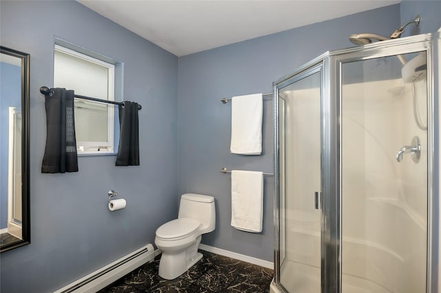3717 Aster St, East Helena, MT 59635 - full bath featuring baseboard heating, marble finish floors, baseboards, a stall shower, and toilet
