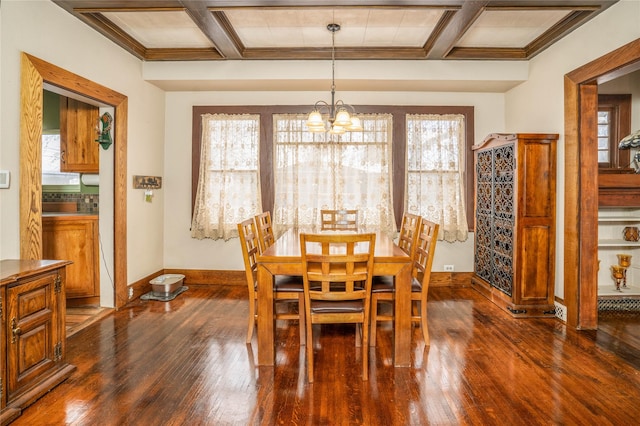 804 Broadway St, Townsend, MT 59644 - dining room with coffered ceiling, a chandelier, dark wood-style floors, plenty of natural light, and beam ceiling