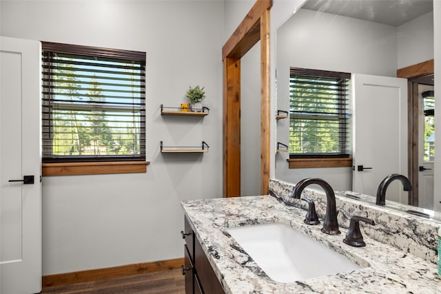 165 Lynx Ct, Seeley Lake, MT 59868 - bathroom featuring vanity, wood finished floors, and baseboards