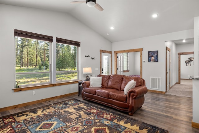 165 Lynx Ct, Seeley Lake, MT 59868 - living area featuring lofted ceiling, a ceiling fan, recessed lighting, baseboards, and wood finished floors