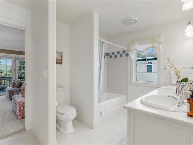 140 Fairway Dr, Missoula, MT 59803 - ensuite bathroom featuring shower / bathtub combination with curtain, tile patterned floors, and double vanity