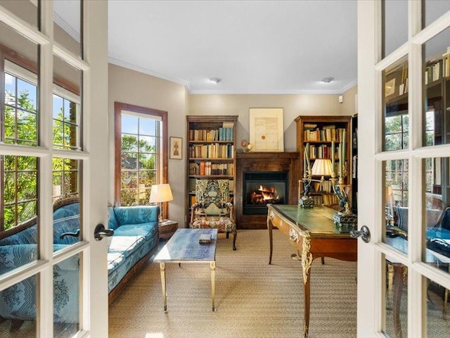 140 Fairway Dr, Missoula, MT 59803 - office space featuring french doors, a glass covered fireplace, crown molding, and carpet