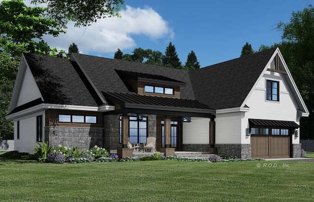 1084 Josie Ct, Stevensville, MT 59870 - view of front of property featuring stone siding, a standing seam roof, a front yard, an attached garage, and metal roof