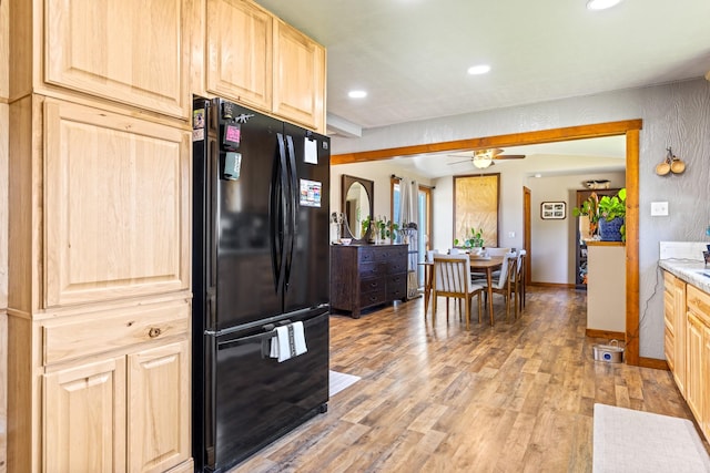 215 N Oak St, Townsend, MT 59644 - kitchen with freestanding refrigerator, light brown cabinets, light wood finished floors, recessed lighting, and a ceiling fan