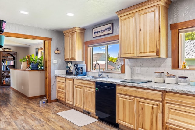 215 N Oak St, Townsend, MT 59644 - kitchen featuring black dishwasher, light wood-style floors, backsplash, light brown cabinetry, and recessed lighting