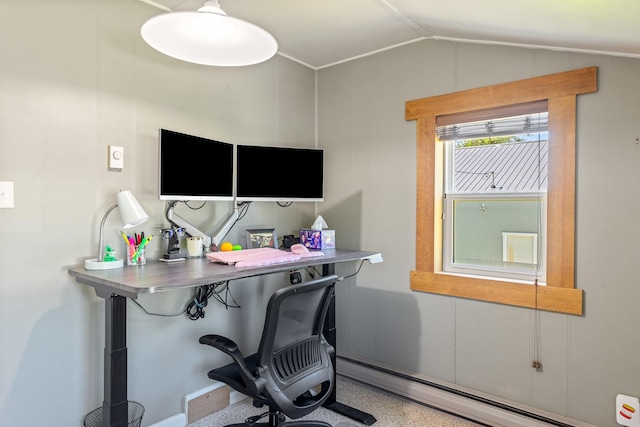 215 N Oak St, Townsend, MT 59644 - home office featuring a baseboard heating unit, lofted ceiling, and speckled floor