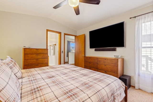 215 N Oak St, Townsend, MT 59644 - bedroom featuring vaulted ceiling, ceiling fan, and light carpet