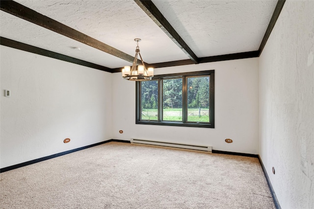 1165 Rock Creek Rd, Clinton, MT 59825 - carpeted spare room featuring baseboard heating, beamed ceiling, a chandelier, a textured ceiling, and a textured wall