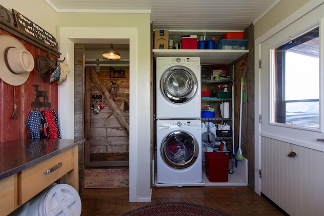 49 Redtail Hawk Rd, Mcallister, MT 59740 - laundry room with stacked washing machine and dryer and wood finished floors