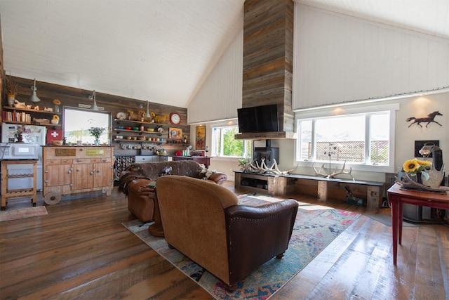 49 Redtail Hawk Rd, Mcallister, MT 59740 - living room featuring high vaulted ceiling, hardwood / wood-style floors, and wood walls